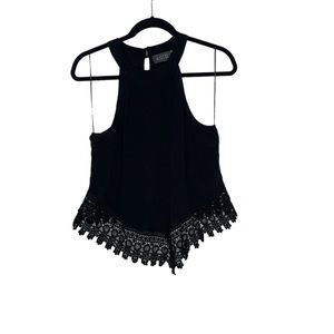ASTR Black Cropped Crochet Accent High Neck Top Key Hole with Stud Buttons Small